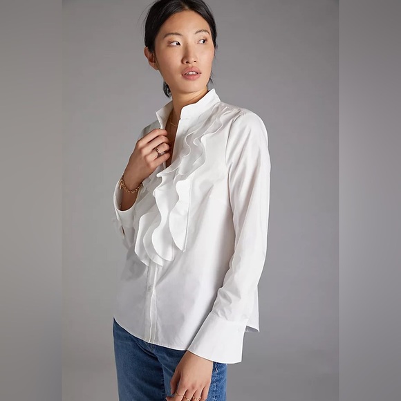 Anthropologie Tops - Anthropologie Mare Mare Ruffle Front White Cotton Button Down